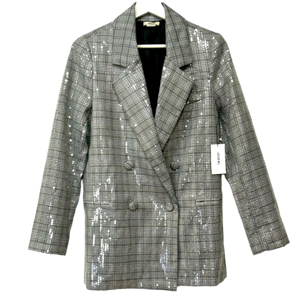 Jason Wu doubled breasted sequined grey Glen plaid blazer.
